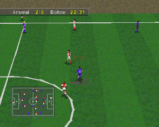 Soccer '97 (PlayStation) screenshot: A goal kick is about to be taken. The red square shows where on the pitch it will land. The player can move this marker via the direction controls