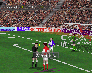 Soccer '97 (PlayStation) screenshot: When a player is given a red or yellow card the game switches to a close-up