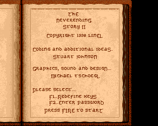 The Neverending Story II: The Arcade Game (Amiga) screenshot: Redefine keys, enter a level password or start the game.
