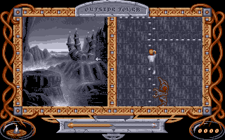 The Neverending Story II: The Arcade Game (Amiga) screenshot: Escape the monsters and climb up the wall.