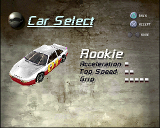 Destruction Derby 2 (PlayStation) screenshot: The car selection screen. Only the rookie car is available at the start