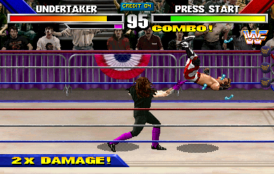 WWF WrestleMania (Arcade) screenshot: Knocked in the air.