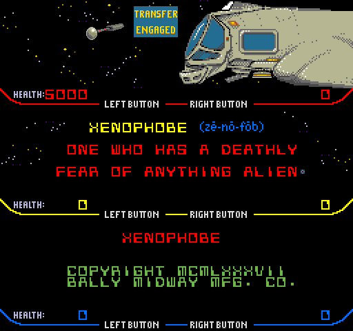 Xenophobe (Arcade) screenshot: Heading for the infestation.