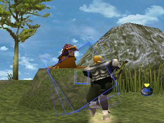 The Legend of Dragoon (PlayStation) screenshot: Open-air battle. To inflict any kind of reasonable damage, you'll have to time those attacks for combos over and over again. Lavitz here is exercising
