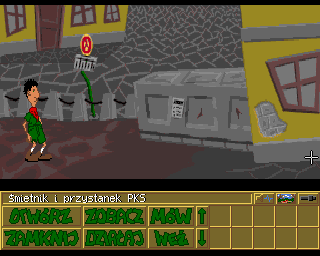 Skaut Kwatermaster (Amiga) screenshot: Trash and the bus stop