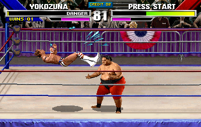 WWF WrestleMania (Arcade) screenshot: Flying through the air.