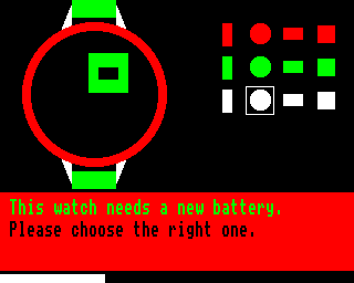 Clockwise (BBC Micro) screenshot: Finding the fitting battery