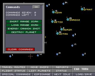 Colonial Conquest II (Amiga) screenshot: The special commands menu