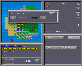 Colonial Conquest II (Amiga) screenshot: Loading a colony ship