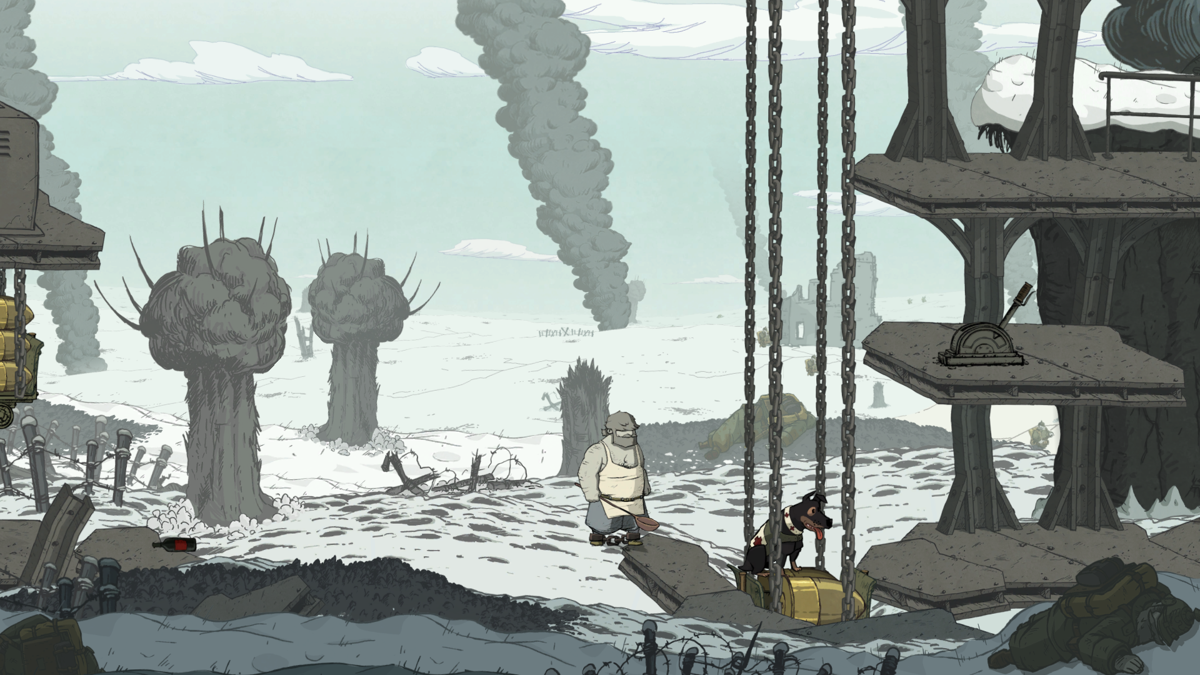 Valiant Hearts: The Great War (PlayStation 4) screenshot: Emile has escaped from with a German prison camp and is making his way across the snowy battlefield with some help from Walt the Dog