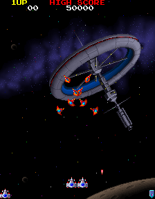 Galaga '88 (Arcade) screenshot: Here they come.