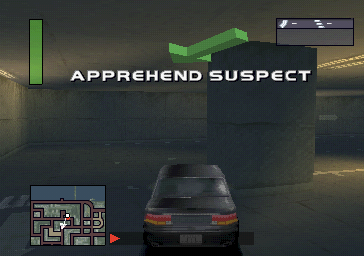 World's Scariest Police Chases (PlayStation) screenshot: Once the game starts it doesn't waste any time. The order to apprehend a suspect comes while still in the garage. The arrows point at the suspect, and do not show the route to follow.