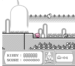 Kirby's Adventure (NES) screenshot: Gameboy-inspired level (Kirby showing it's roots)