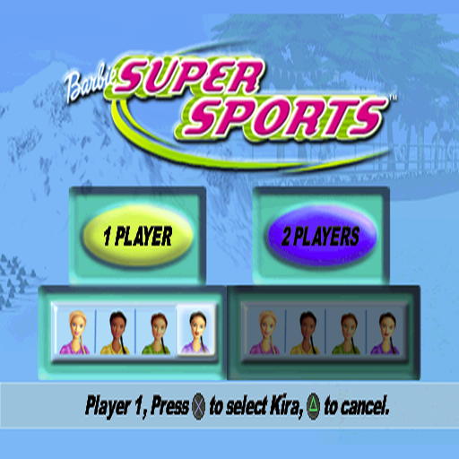 Barbie: Super Sports (PlayStation) screenshot: Starting a new game. First select 1/2 player, then select a girl to play with, then enter the player id, then choose a sport.