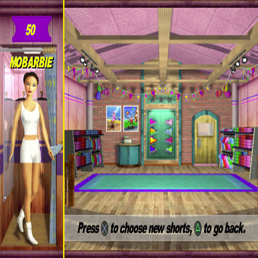 Barbie: Super Sports (PlayStation) screenshot: Equipping the character is done in this shop, The screens are slightly different depending on the sport. The player can't go through the door to plat he game if the girl is not dressed