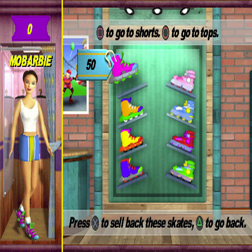 Barbie: Super Sports (PlayStation) screenshot: The player starts with basic skates, or boards, and earns tickets which they use to upgrade