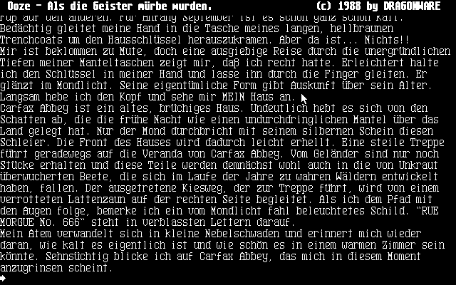 Ooze: Creepy Nites (Atari ST) screenshot: In-game German version (Monochrome monitor)