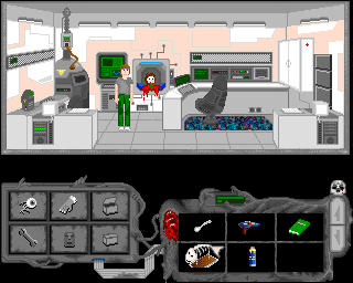 Ciemna Strona (Amiga) screenshot: Why is my wife's head in the washing machine?