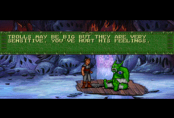 Beyond Shadowgate (TurboGrafx CD) screenshot: While you can give him one of two items, I prefer giving him a punch which hurts his feelings but lets you keep your items and find a better use for them.
