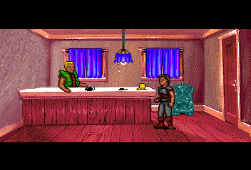 Beyond Shadowgate (TurboGrafx CD) screenshot: Visiting the shop and getting a job from the shopkeeper.