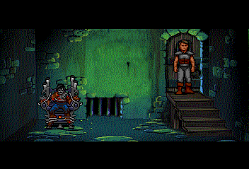 Beyond Shadowgate (TurboGrafx CD) screenshot: Unfortunately, you can't free the prisoner and if you re-enter the room, you'll only find his remains.