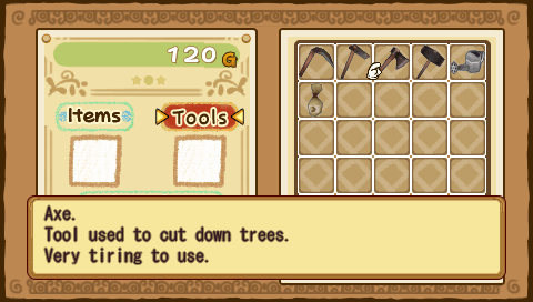 Harvest Moon: Hero of Leaf Valley (PSP) screenshot: Inventory