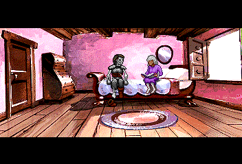 Beyond Shadowgate (TurboGrafx CD) screenshot: If you give the lady her photo album, she'll tell you all about her heritage until you die.