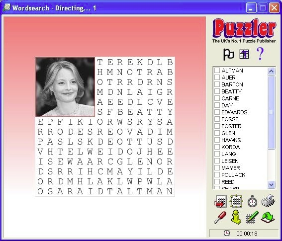 Puzzler 1000 Wordsearch (Windows) screenshot: Most puzzles are in the same 14x14 grid and some have pictures inset in them