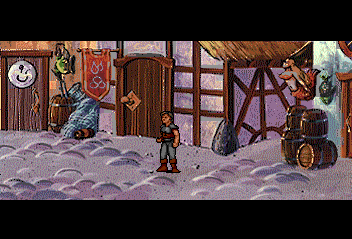 Beyond Shadowgate (TurboGrafx CD) screenshot: The city is quite big with a pier, churches, houses and a pathway to the castle.