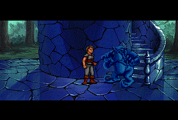 Beyond Shadowgate (TurboGrafx CD) screenshot: I need to get to the top of the tower, but this troll statue won't let me through.