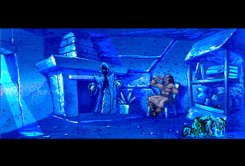 Beyond Shadowgate (TurboGrafx CD) screenshot: If you go into the hut without wearing a special pendant, the wraith will freeze you too.