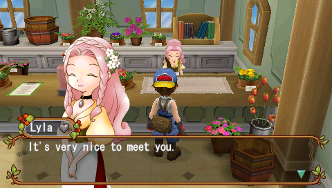 Harvest Moon: Hero of Leaf Valley (PSP) screenshot: Meeting someone friendly