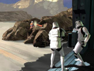 Star Wars: Rebel Assault II - The Hidden Empire (PlayStation) screenshot: Sneaking up on a couple of unaware stormtroopers
