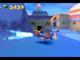 Spyro: Year of the Dragon (PlayStation) screenshot: The ice fairy gives to Spyro an special power to freeze as long Spyro stays in frozen altars.