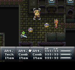 Final Fantasy Chronicles (PlayStation) screenshot: Chrono Trigger: Frog, Robo, and Luca attack enemies in futuristic sewers