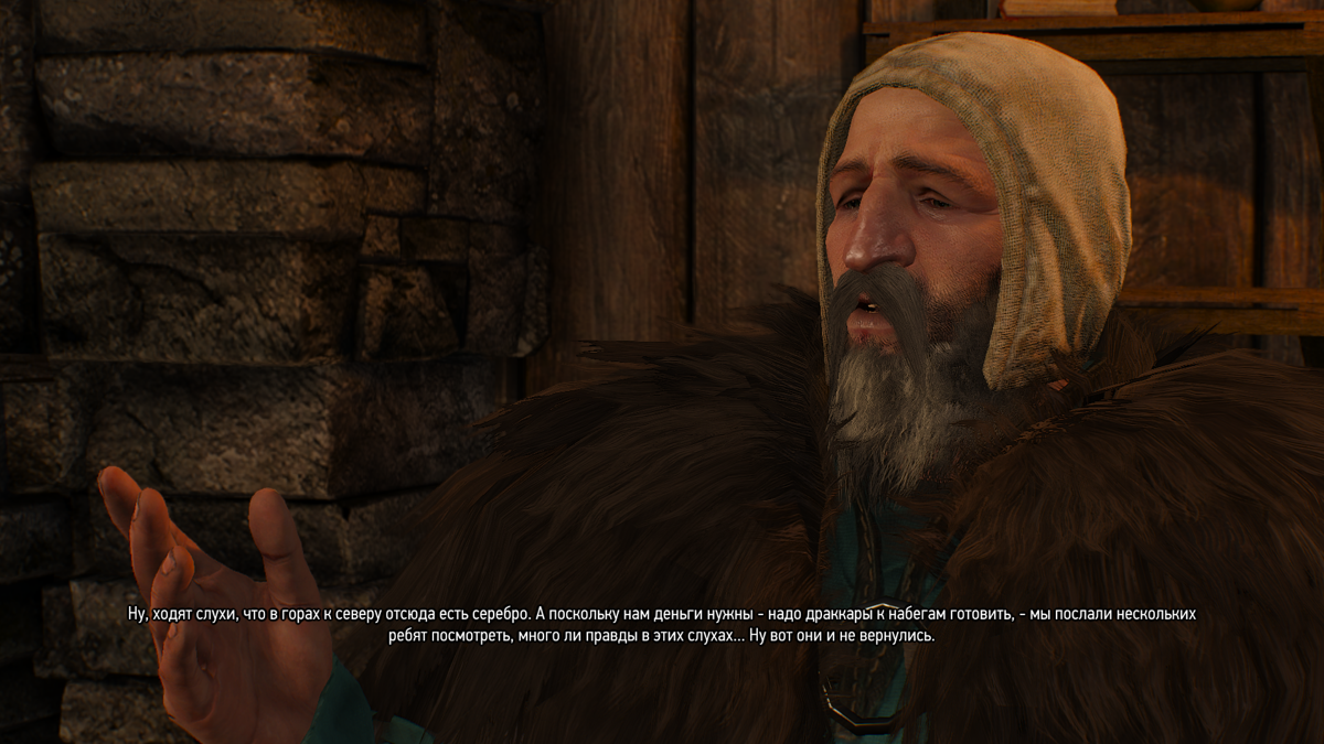 The Witcher 3: Wild Hunt - New Quest: "Contract: Missing Miners" (Windows) screenshot: The village elder tells Gerald about missing miner who went to investigate a silver mine