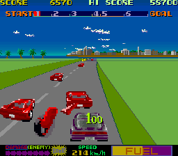 Hyper Crash (Arcade) screenshot: Landed on top and destroyed the car.