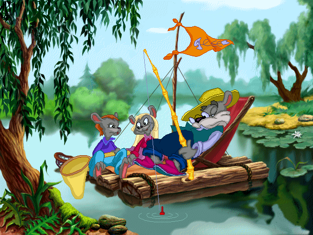 Magic Tales: The Little Samurai (Windows) screenshot: The opening scene is - fortunately - different in each game. This time Grandpa Mouse and the little mice are sailing on a raft.