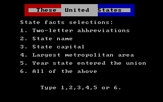 These United States (DOS) screenshot: A 1-player Facts game: topic selection