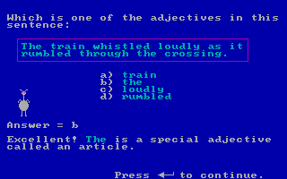 Electronic Grammar: Parts of Speech (DOS) screenshot: Assailing the adjectives