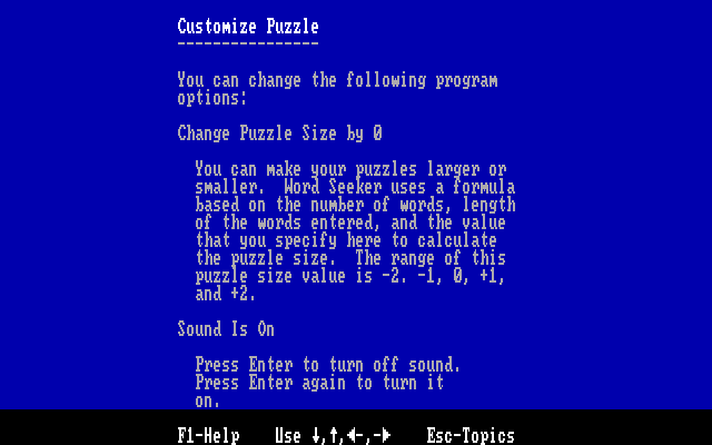 Word Seeking (DOS) screenshot: The hi-tech help viewer.