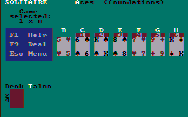Solitaire (DOS) screenshot: Color TV mode uses less detailed characters (and changes up the colors)