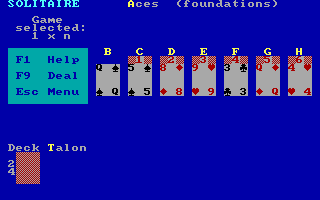 Solitaire (DOS) screenshot: The deck is dealt.