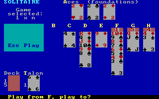 Solitaire (DOS) screenshot: Now, where shall we move this pile?
