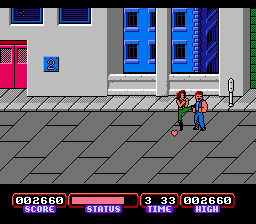 Target: Renegade (NES) screenshot: Lady kicks high, but I need to grab that heart before it disappears