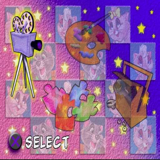 Nice Cats (PlayStation) screenshot: The game's main menu. The old camera is the icon that plays the cartoon, the palette plays the colouring game, and the jigsaw pieces play the sliding block puzzles.