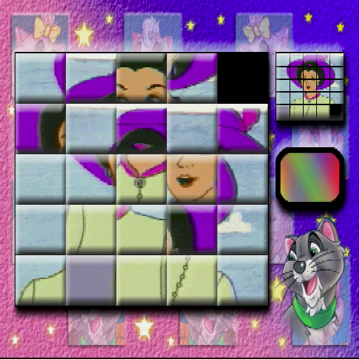 Nice Cats (PlayStation) screenshot: The sliding block puzzle. There are six puzzles to choose from and these can each be either 3x3, 4x4, 5x5 or 6x6 sliding block puzzles