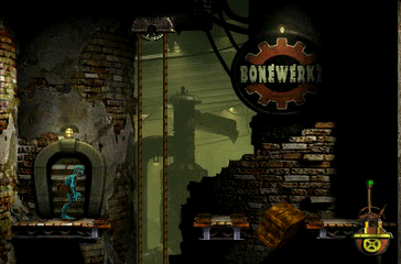 Oddworld: Abe's Exoddus (PlayStation) screenshot: This area of the city reminds of "slum" levels