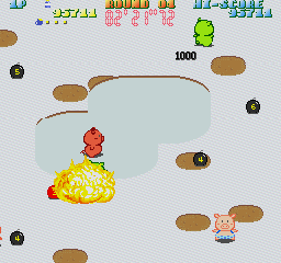 Psycho Pigs UXB (Sharp X68000) screenshot: And that little piggy went BOOOM!