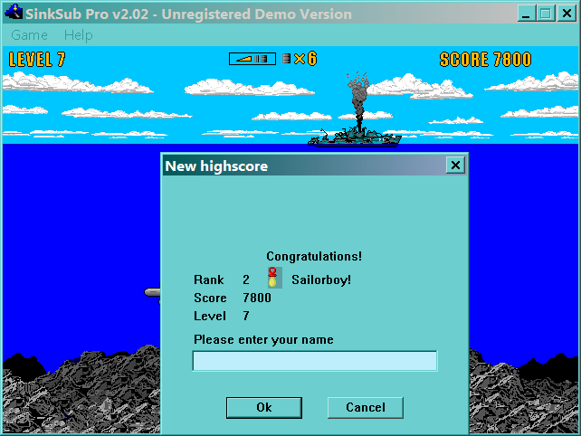 SinkSub Pro (Windows) screenshot: Game over (v2.02)